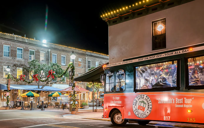 Old Town Trolley decorated for Holiday Sights and Festive Nights Tour in Savannah.