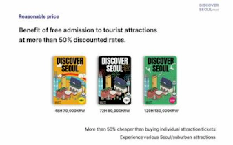 Discover Seoul Pass options with discounted rates for 48, 72, and 120 hours, featuring Seoul attractions.