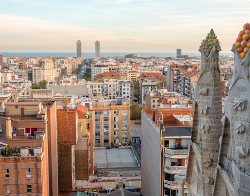 Sagrada Familia Passion Facade sculptures in Barcelona, Spain, showcasing intricate biblical scenes.