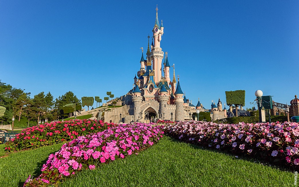 Disneyland Paris castle with vibrant flower garden, part of the Royal Combo tour.
