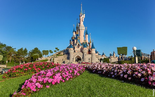 Disneyland Paris castle with vibrant flower garden, part of the Royal Combo tour.
