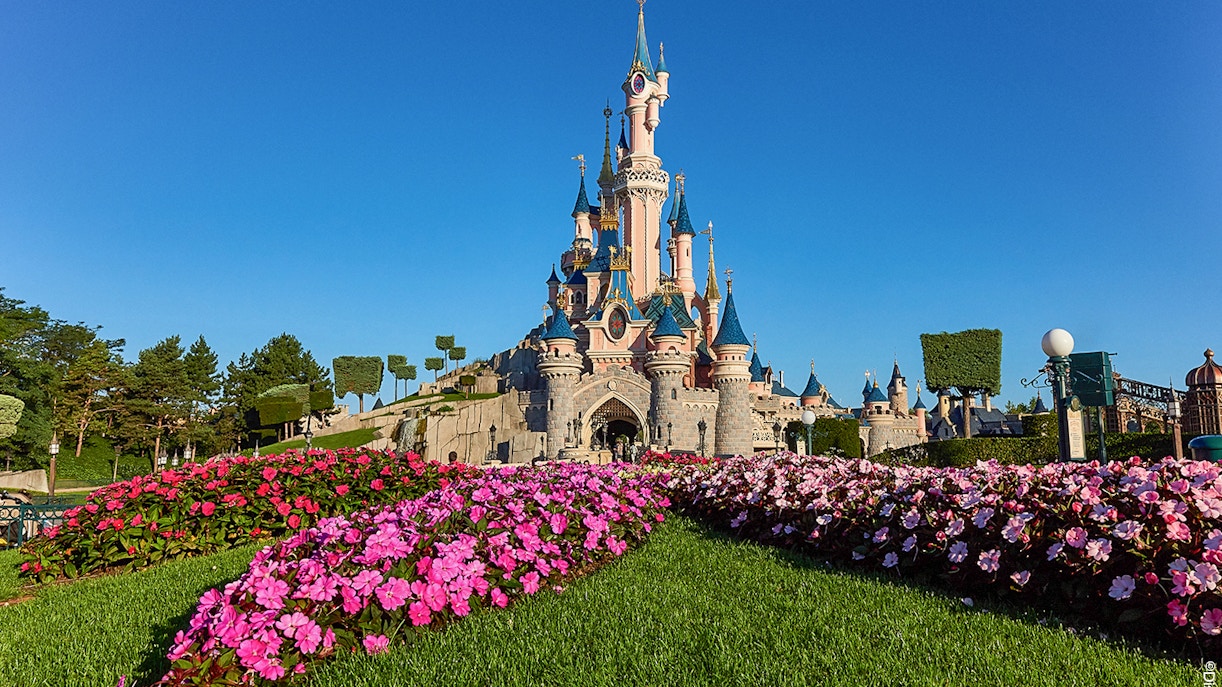 Visitors at Disneyland Paris with view of Sleeping Beauty Castle, part of Royal Combo tour including Seine River Cruise and Eiffel Tower tickets.
