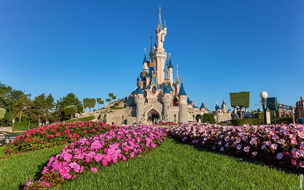 Disneyland Paris castle with vibrant flower garden, part of the Royal Combo tour.