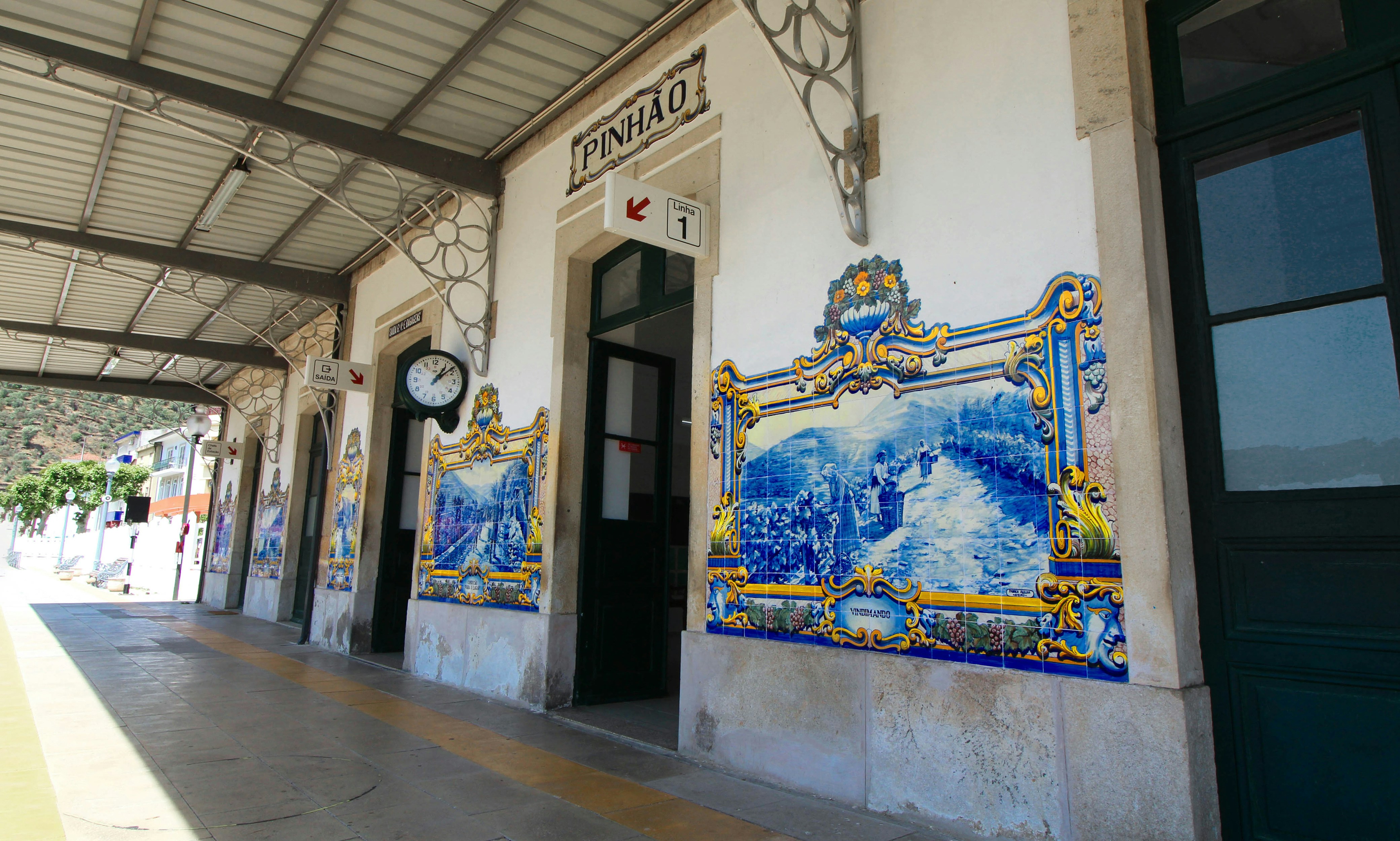Train at Pinhão Railway Station with terraced vineyards in the background.