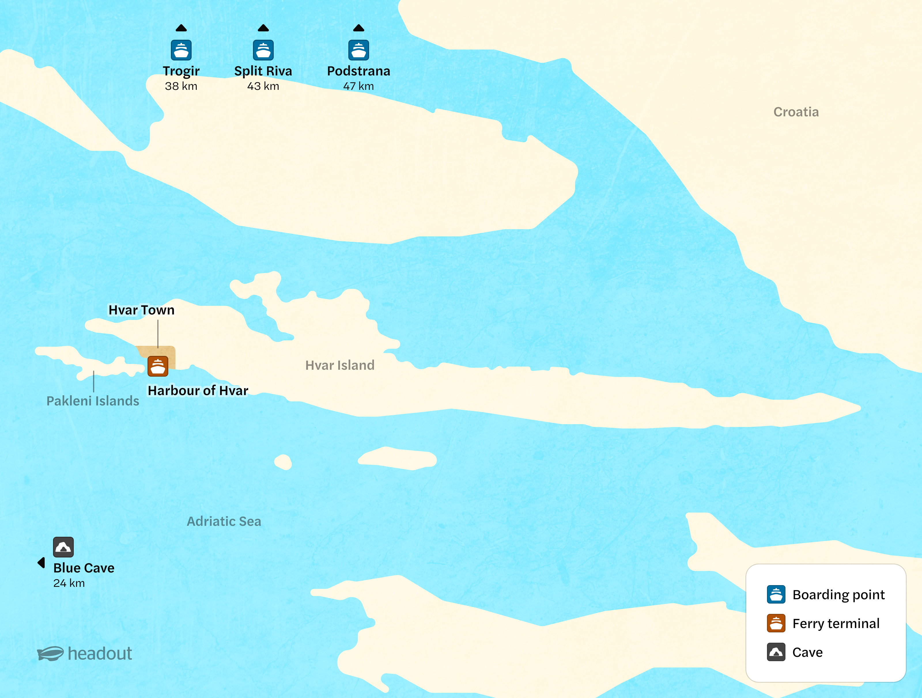 Map showing Hvar Island, ferry routes, and Blue Cave in Croatia.