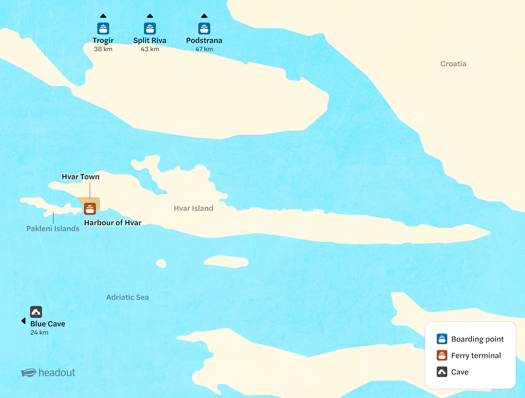 Map showing Hvar Island, ferry routes, and Blue Cave in Croatia.