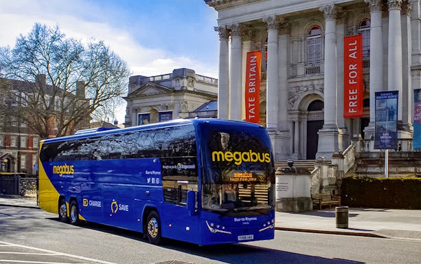 Megabus in front of Tate Britain, London, for Heathrow to Victoria transfer.