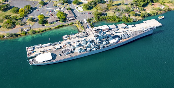 Battleship Missouri docked at Pearl Harbor, Oahu, viewed from above.