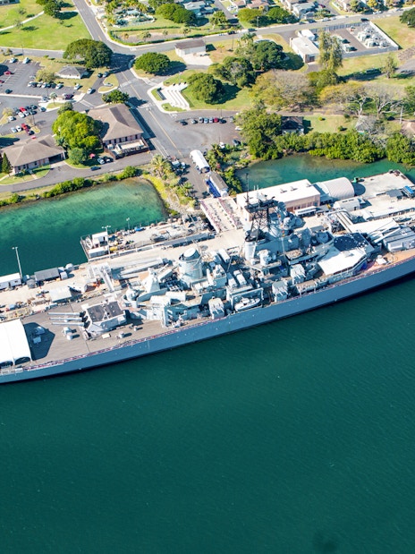 Battleship Missouri docked at Pearl Harbor, Oahu, viewed from above.