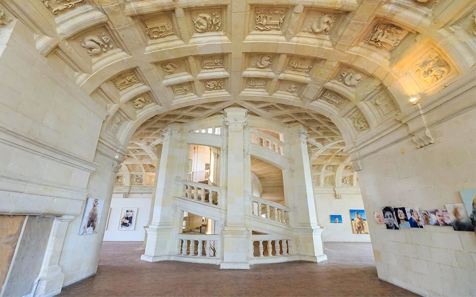 Chambord Castle's double helix staircase in Loire Valley, France.