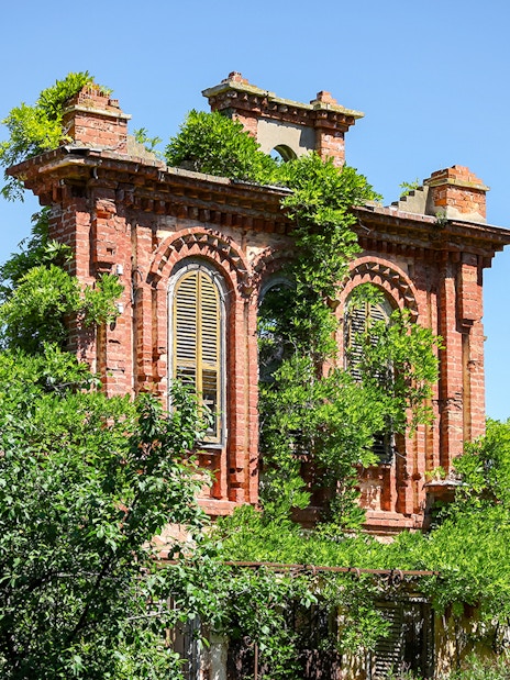 Ruins of Leon Trotsky's house with overgrown greenery on Buyukada Island, Istanbul.