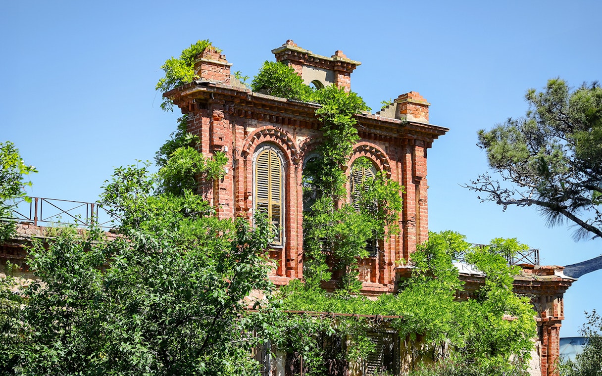 Ruins of Leon Trotsky's house with overgrown greenery on Buyukada Island, Istanbul.