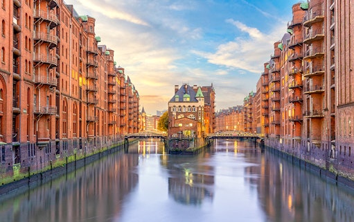 Historic Speicherstadt district in Hamburg with canal view, part of Elbphilharmonie tour.