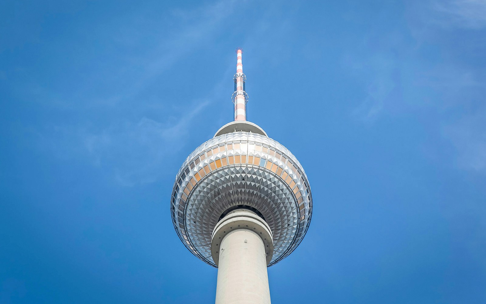 Berlin TV Tower with panoramic city view from observation deck.