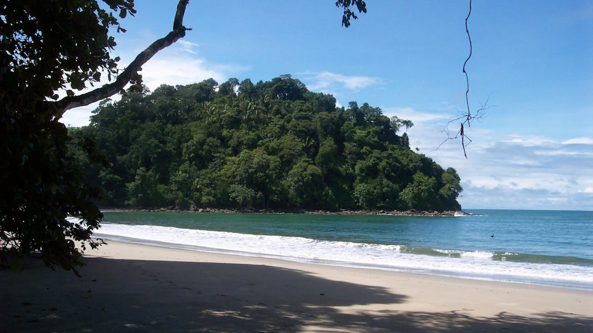 Beach and lush forest view at Manuel Antonio National Park, Costa Rica.