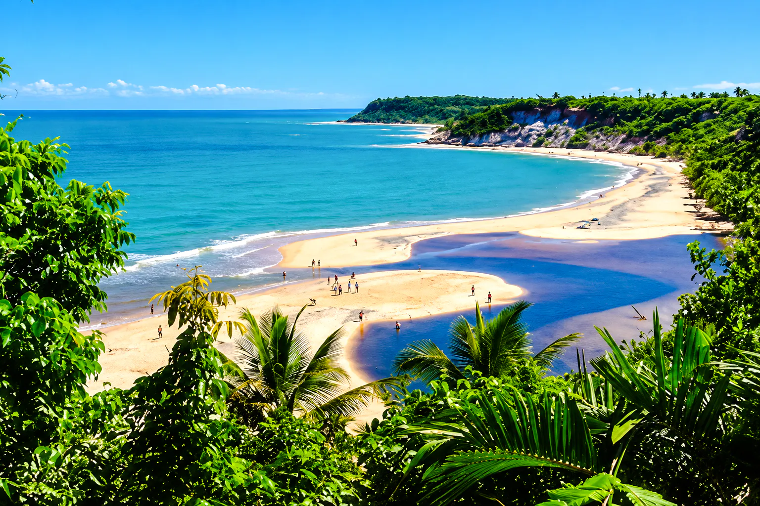 Caraíva beach with river meeting ocean, surrounded by lush greenery, Porto Seguro, Brazil.