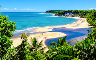Caraíva beach with river meeting ocean, surrounded by lush greenery, Porto Seguro, Brazil.