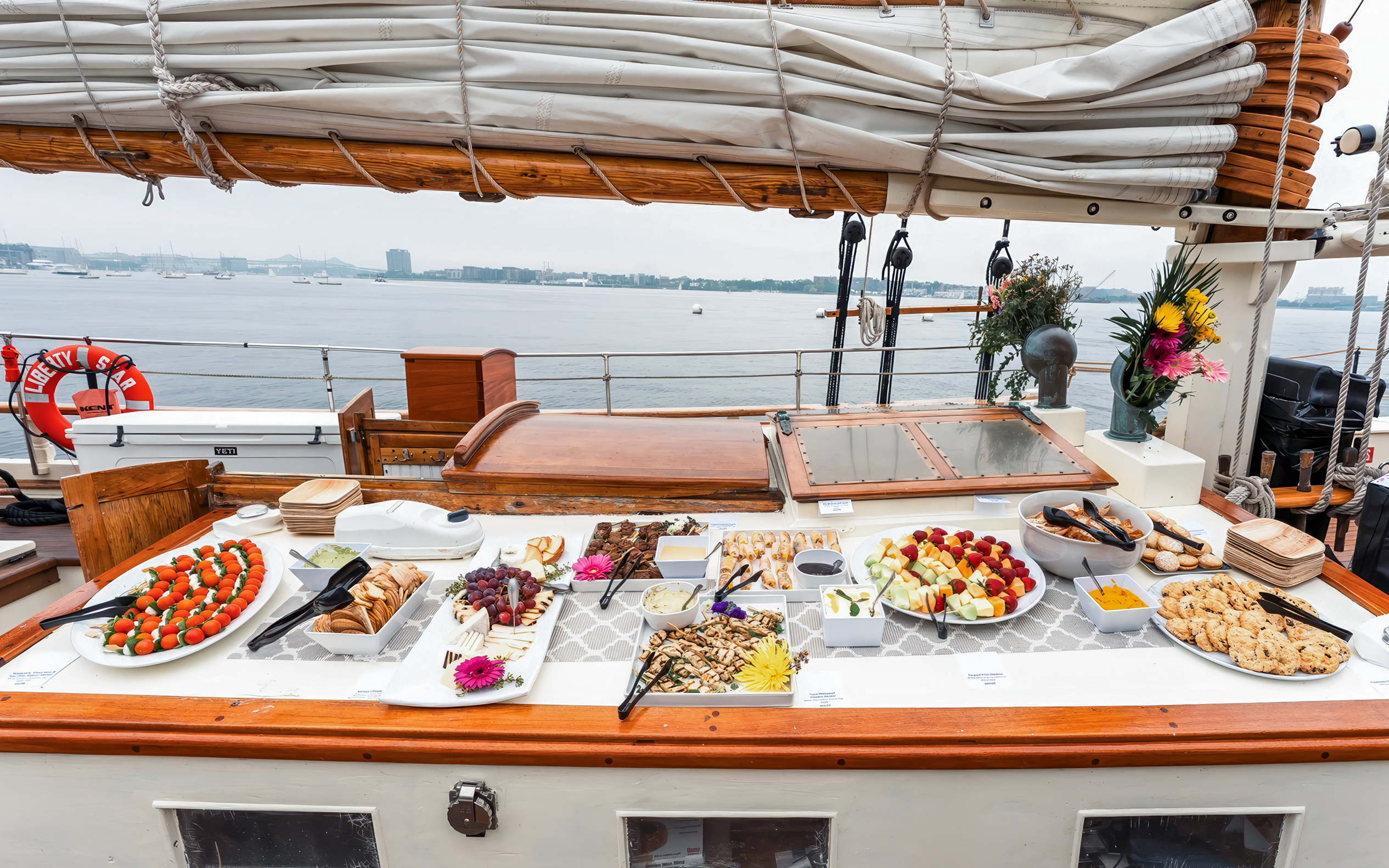Assorted appetizers and fruits on the Liberty Star cruise in Boston Harbor.
