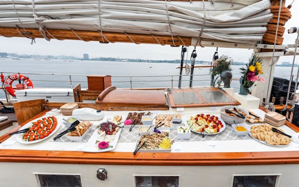 Assorted appetizers and fruits on the Liberty Star cruise in Boston Harbor.
