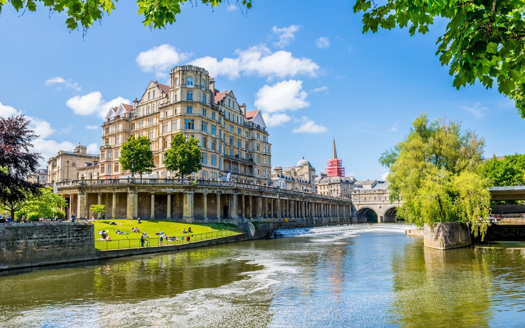 Historic architecture along the River Avon in Bath, England, featured in the Bridgerton Tour.