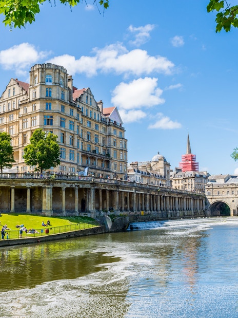 Historic architecture along the River Avon in Bath, England, featured in the Bridgerton Tour.