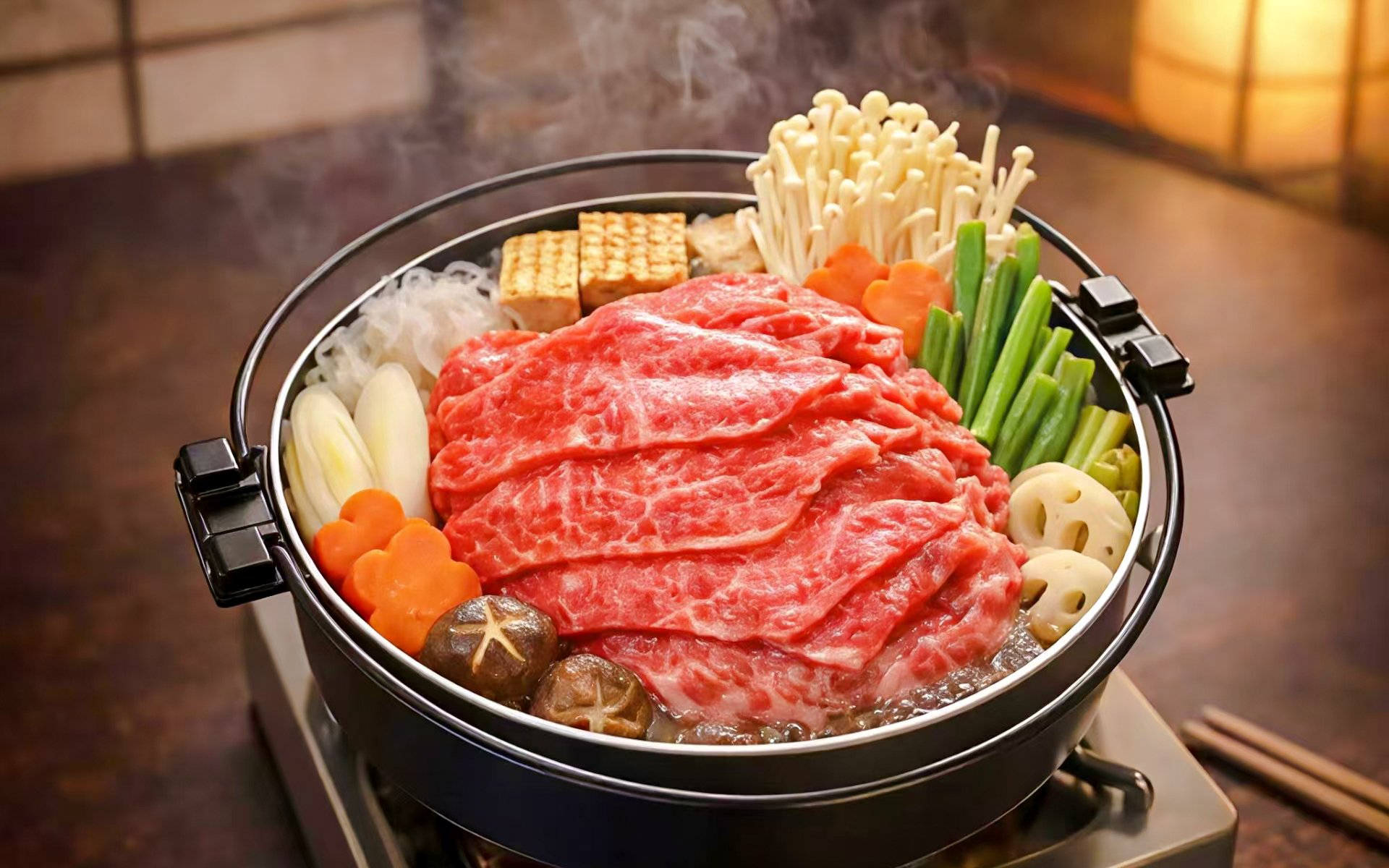 Traditional Japanese hot pot with beef and vegetables on Tokyo night tour.