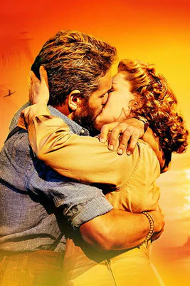 Couple embracing with sunset backdrop, Rodgers & Hammerstein’s South Pacific poster.