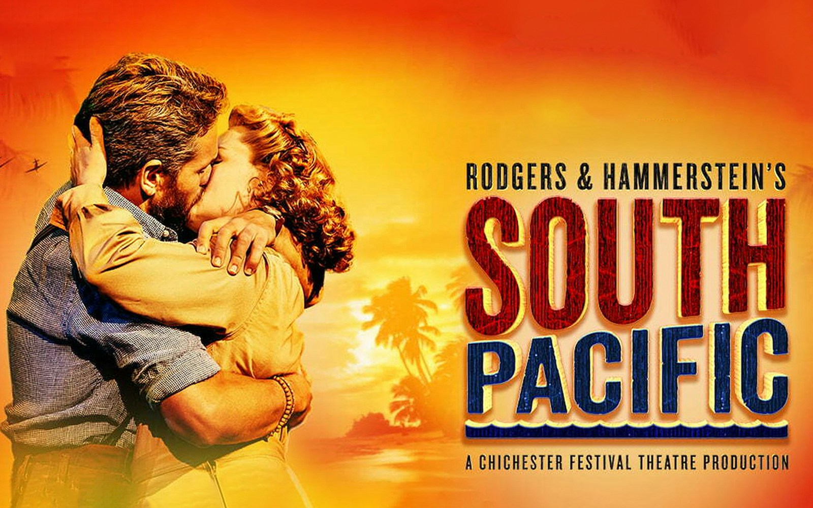Couple embracing with sunset backdrop, Rodgers & Hammerstein’s South Pacific poster.