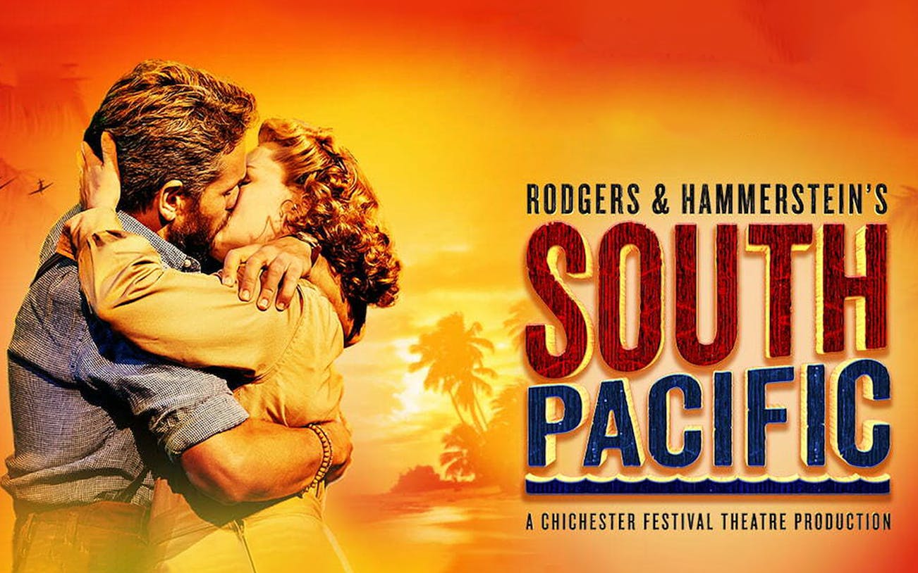 Couple embracing with sunset backdrop, Rodgers & Hammerstein’s South Pacific poster.