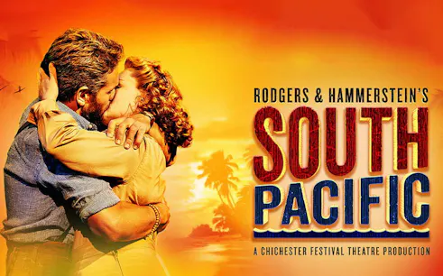 Couple embracing with sunset backdrop, Rodgers & Hammerstein’s South Pacific poster.