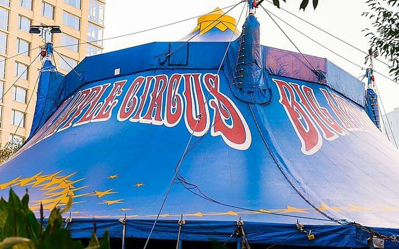 Big Apple Circus tent with colorful signage in an urban setting.