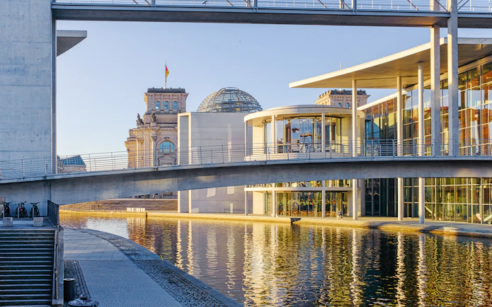 Parliament Buildings and modern architecture in Berlin's Government District.