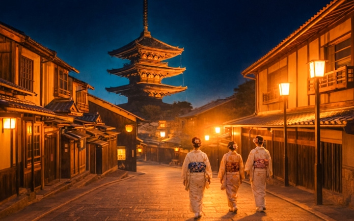 Evening walk in Higashiyama District, Kyoto, with Yasaka Pagoda in view.