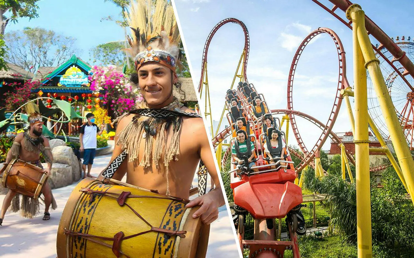 Drummers in traditional attire at Sun World Hon Thom and roller coaster at VinWonders Phu Quoc.
