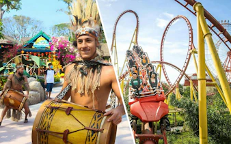 Drummers in traditional attire at Sun World Hon Thom and roller coaster at VinWonders Phu Quoc.