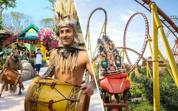 Drummers in traditional attire at Sun World Hon Thom and roller coaster at VinWonders Phu Quoc.