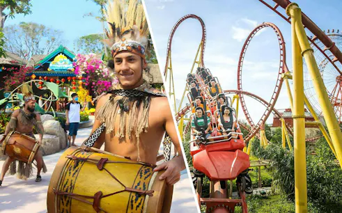 Drummers in traditional attire at Sun World Hon Thom and roller coaster at VinWonders Phu Quoc.