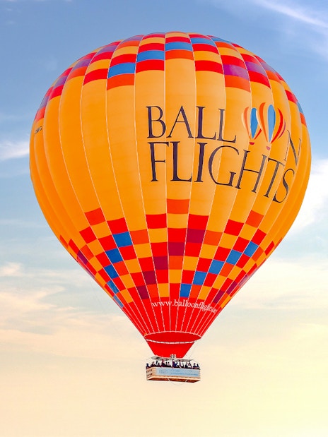 Hot air balloons in flight against a clear sky, part of a tour with hotel transfers and activities.