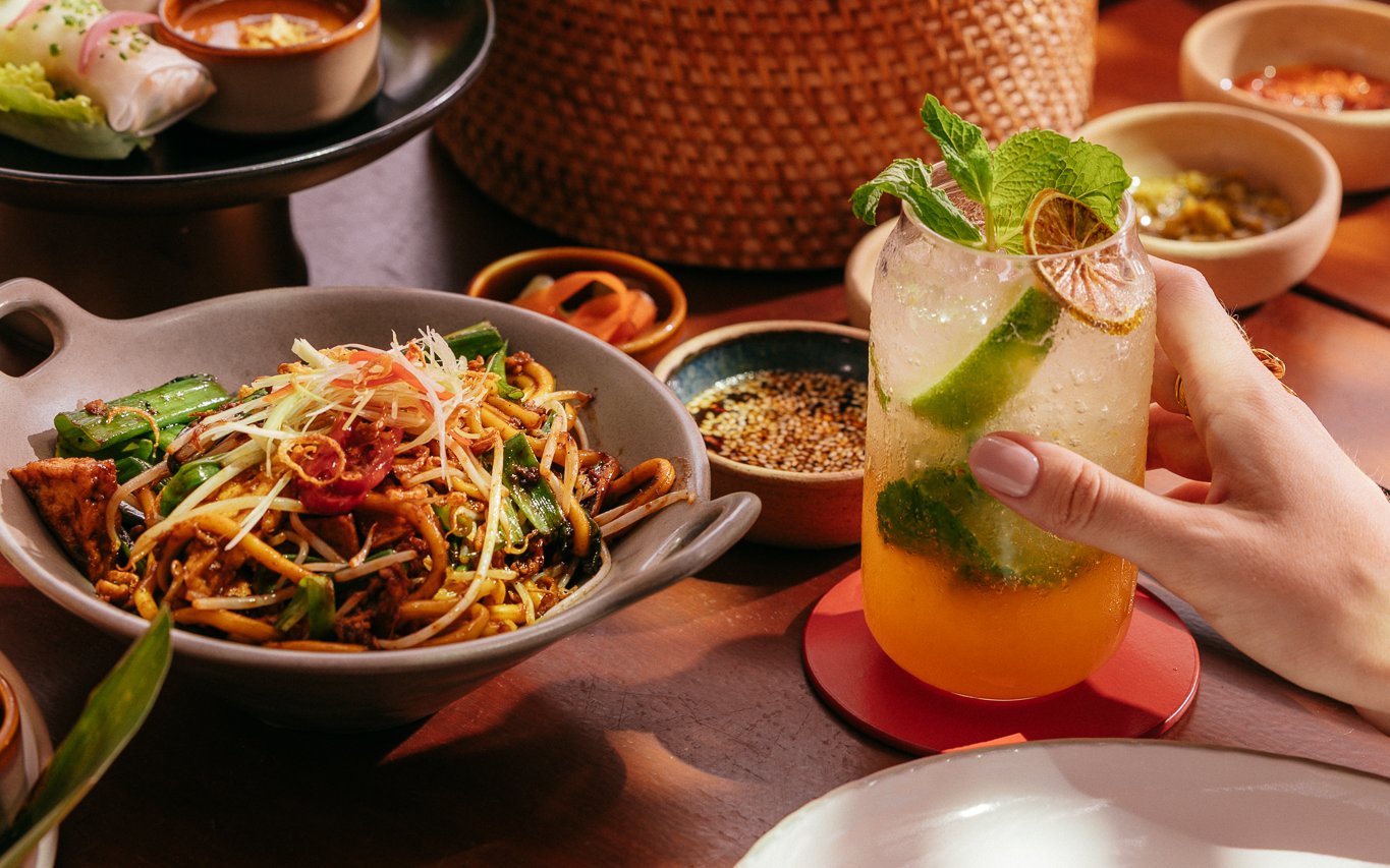 Noodles and cocktail at Sunday Brunch, Andaliman, Dubai.