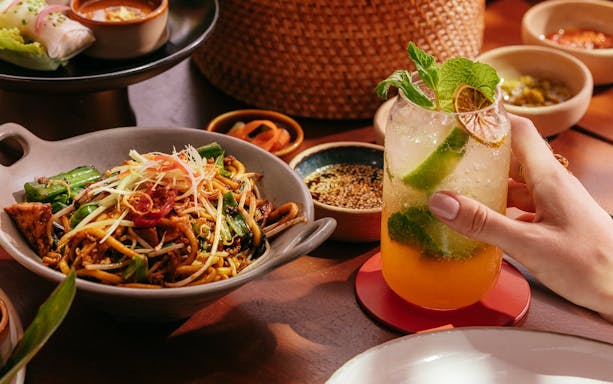 Noodles and cocktail at Sunday Brunch, Andaliman, Dubai.