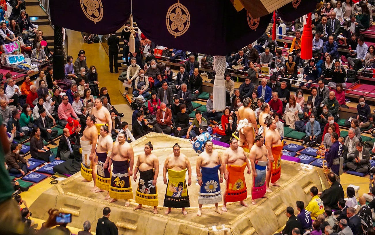 Sumo wrestlers in a Tokyo arena during an English-guided tournament tour.
