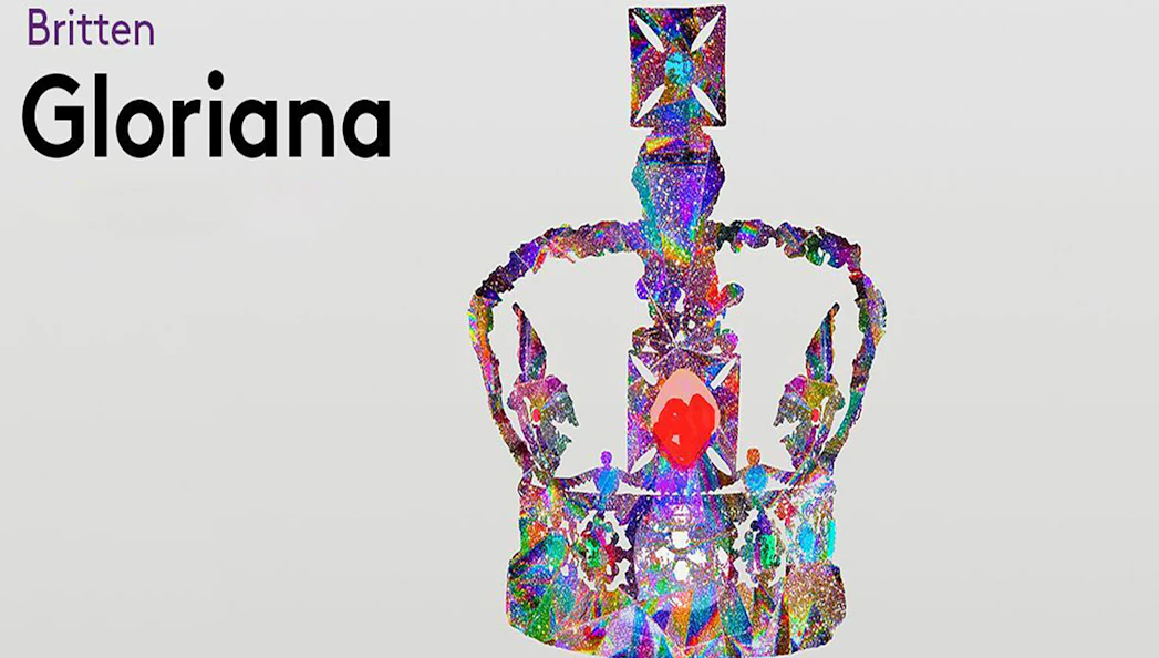 Colorful crown illustration with the text "Britten Gloriana" on a white background.