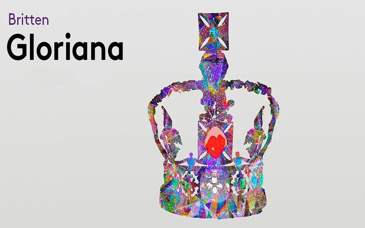 Colorful crown illustration with the text "Britten Gloriana" on a white background.