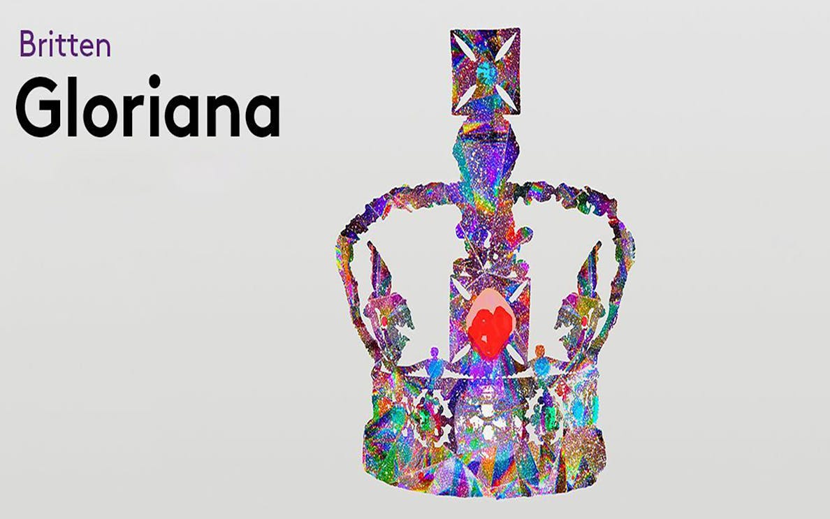 Colorful crown illustration with the text "Britten Gloriana" on a white background.