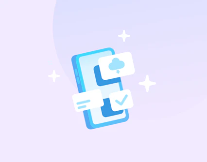 Mobile app interface with cloud download and checkmark icons.