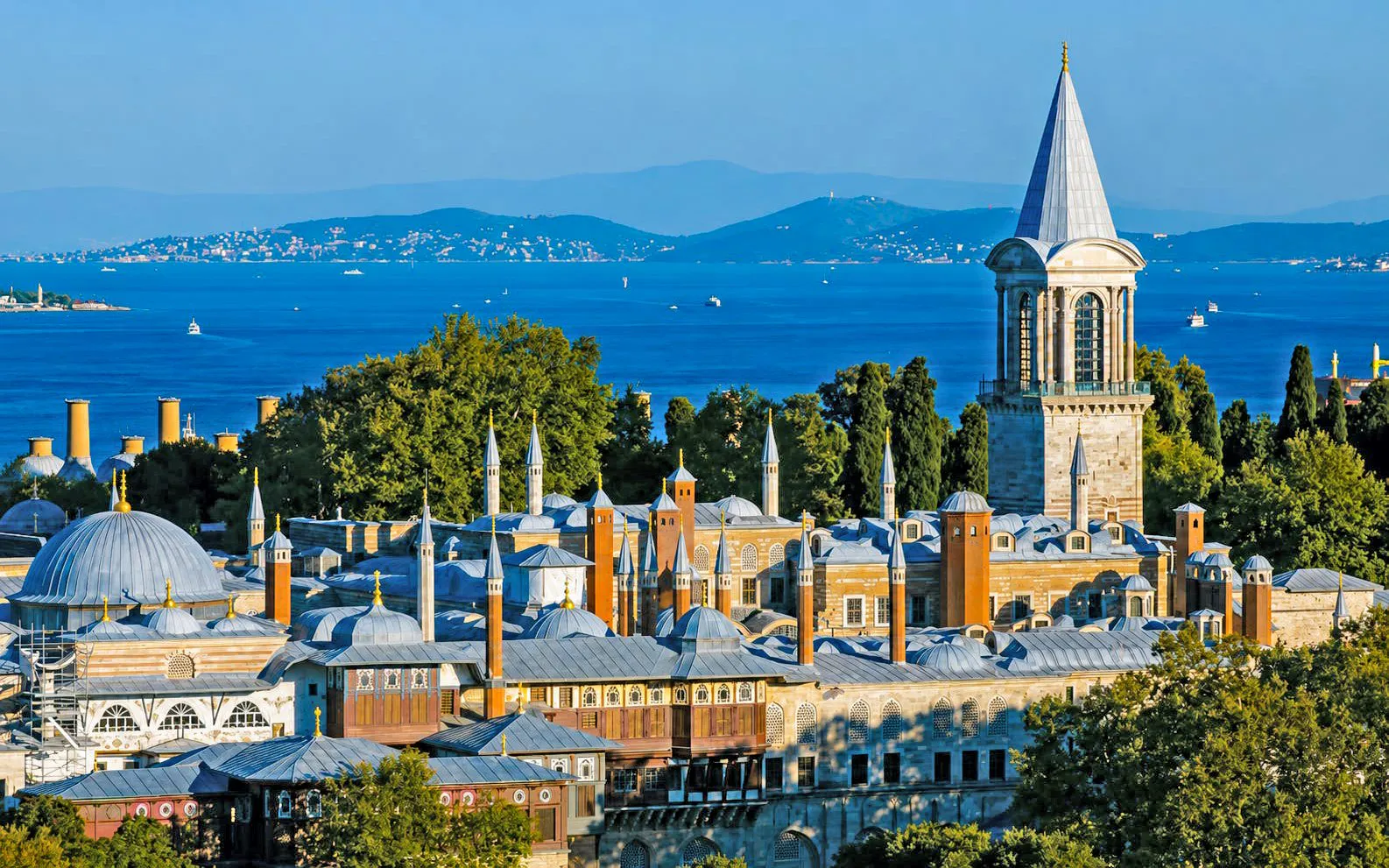 Topkapi Palace with Bosphorus view in Istanbul, showcasing historic architecture and scenic landscape.