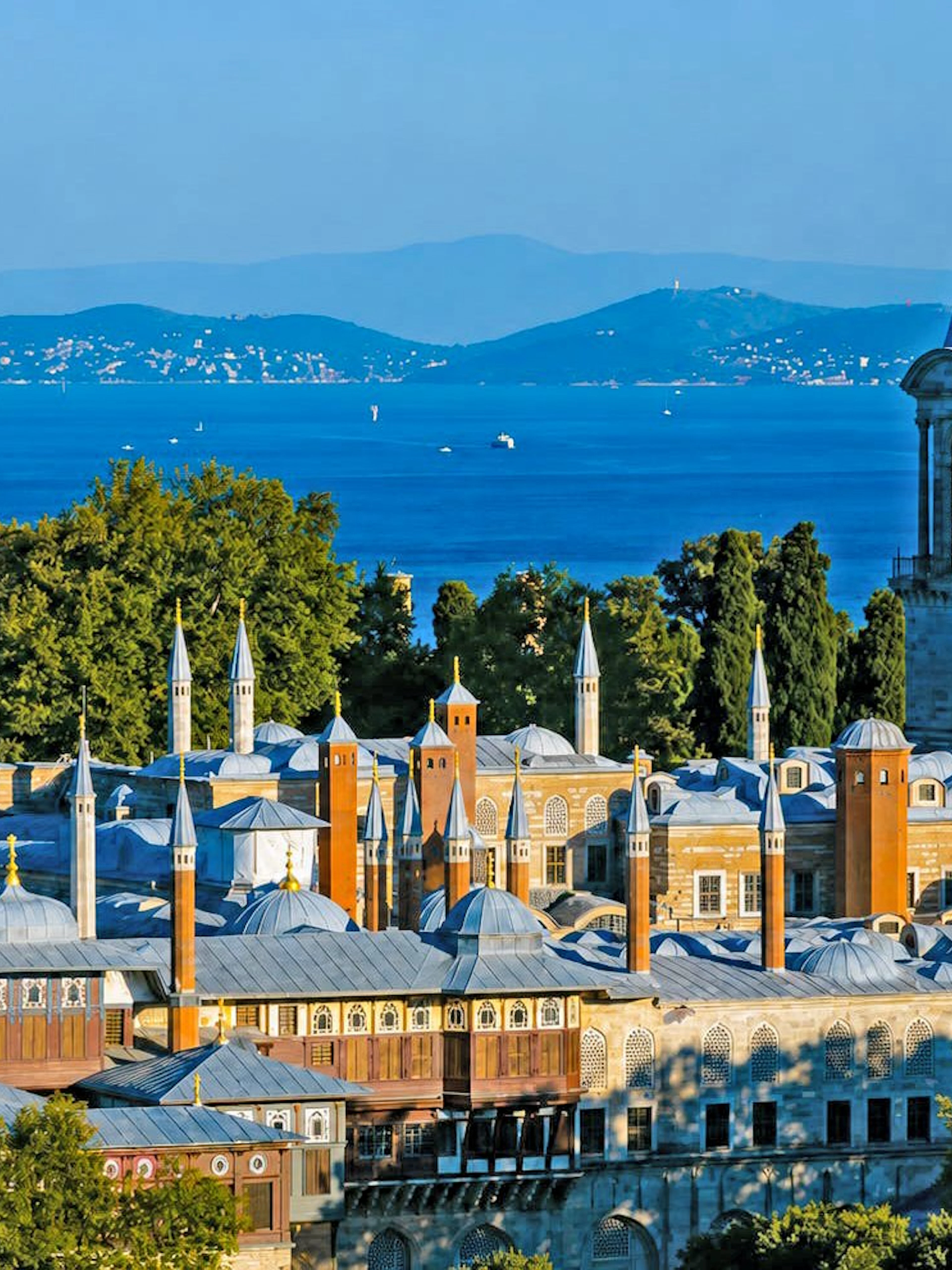 Topkapi Palace with Bosphorus view in Istanbul, showcasing historic architecture and scenic landscape.