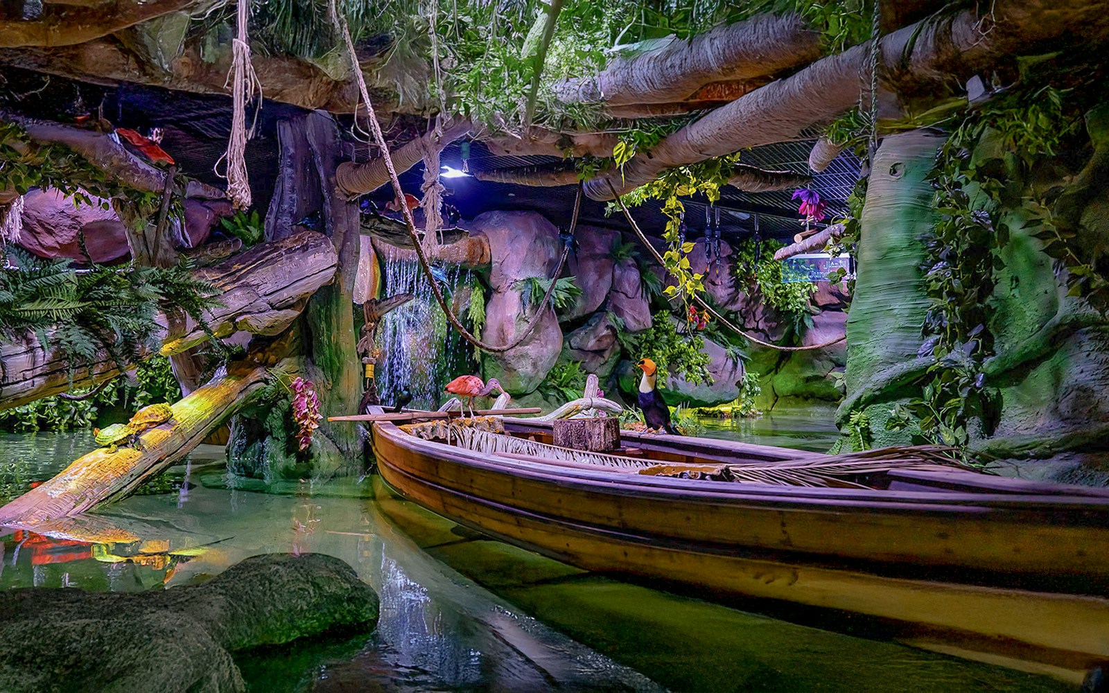 Boat in tropical indoor rainforest with toucan and waterfall.