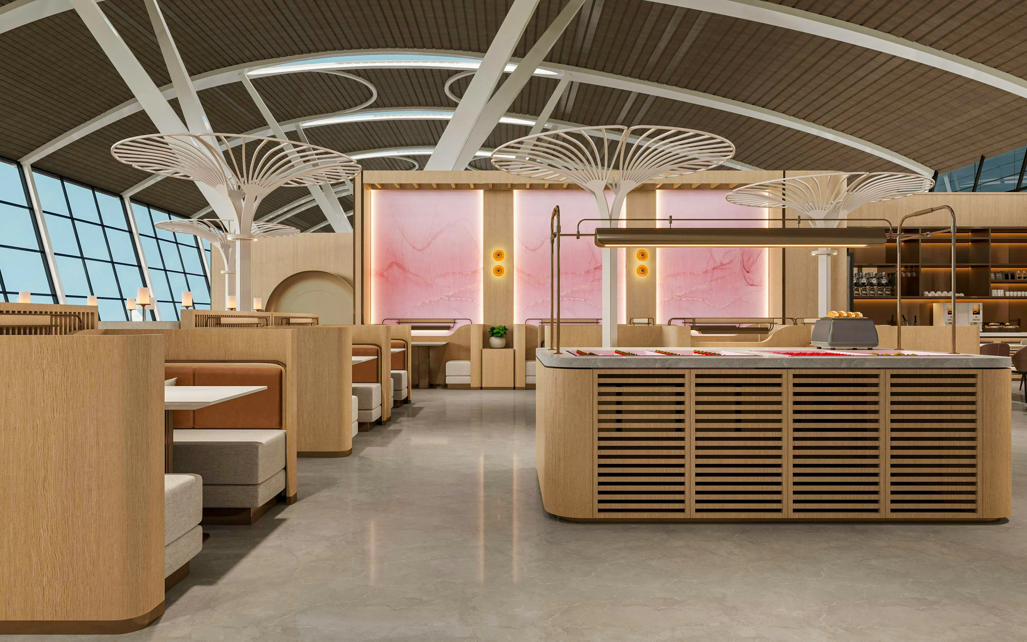 Waiting area seating and decor at Shanghai Pudong International Airport Terminal 2.