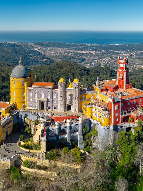 Aerial view of Pena Palace and Park in Sintra, Portugal, surrounded by lush greenery.